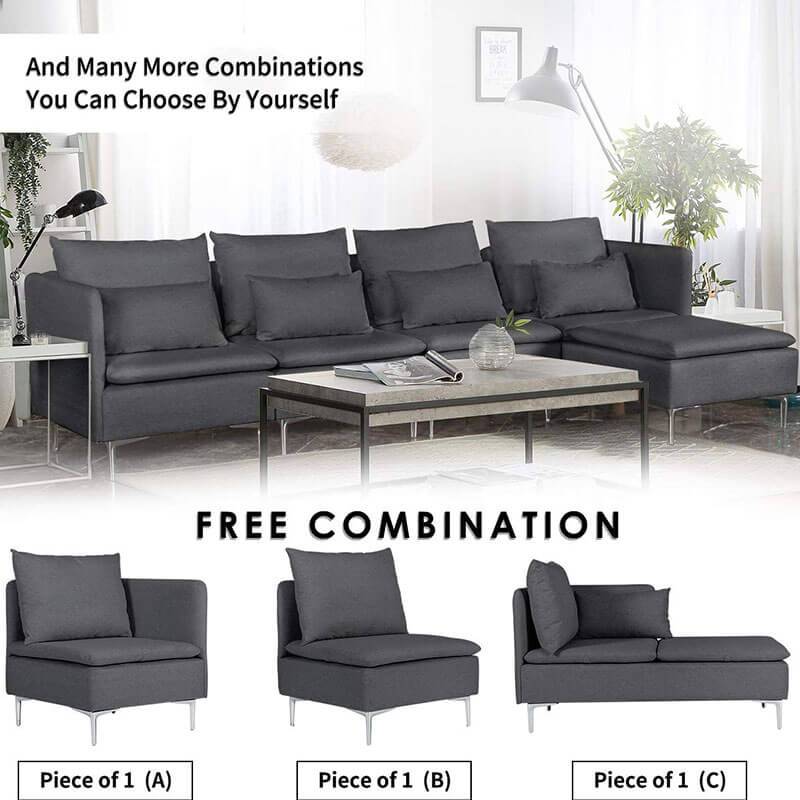 Convertible 3-Seat Sectional Sofa L-Shaped Couch Dark Gray