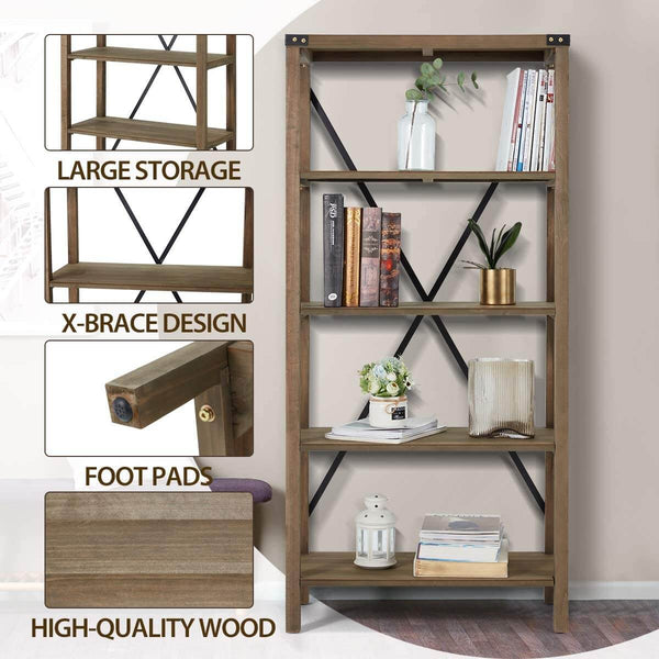 Modern Farmhouse Wood Bookcase Bookshelf Home Office Living Room Storage - 5 Shelf