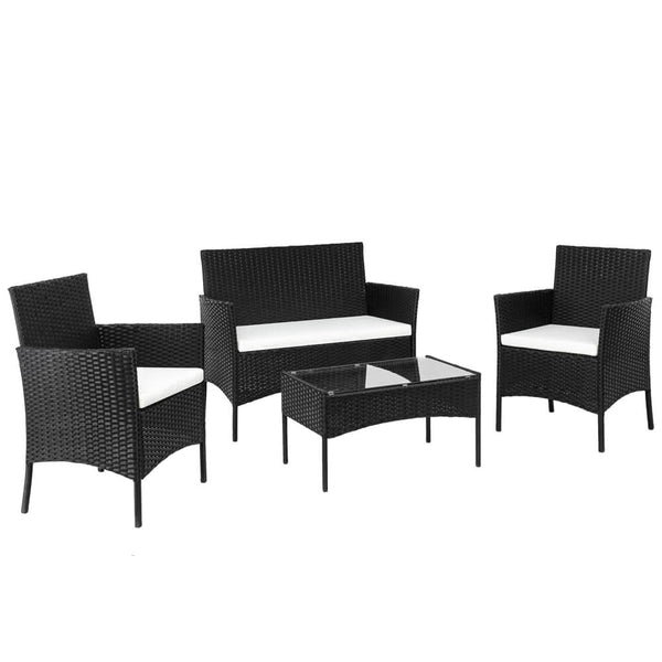 4 Pieces Outdoor Conversation Set Patio Dining Set Rattan Sofa Set Black