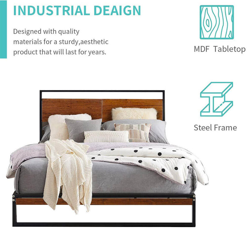Queen Bed Frame with Wooden Headboard,Platform Metal Bed Frame with Footboard