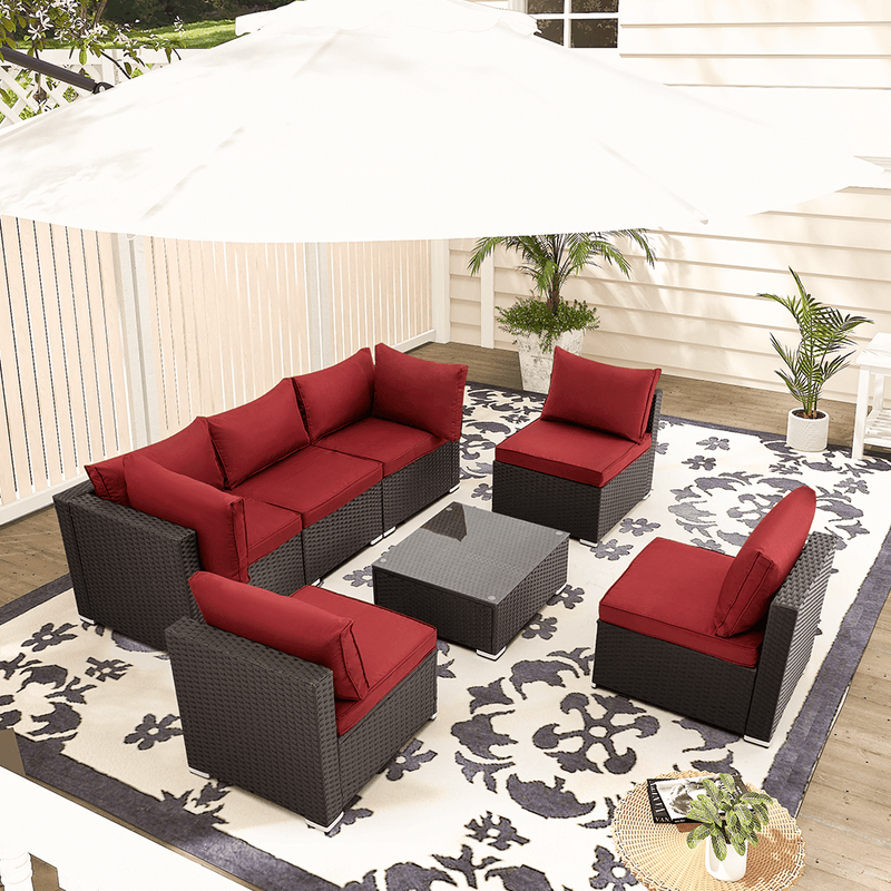 7 Pcs Patio Furniture Set All Weather Sectional Sofa w/ Red Cushion & Coffee Table