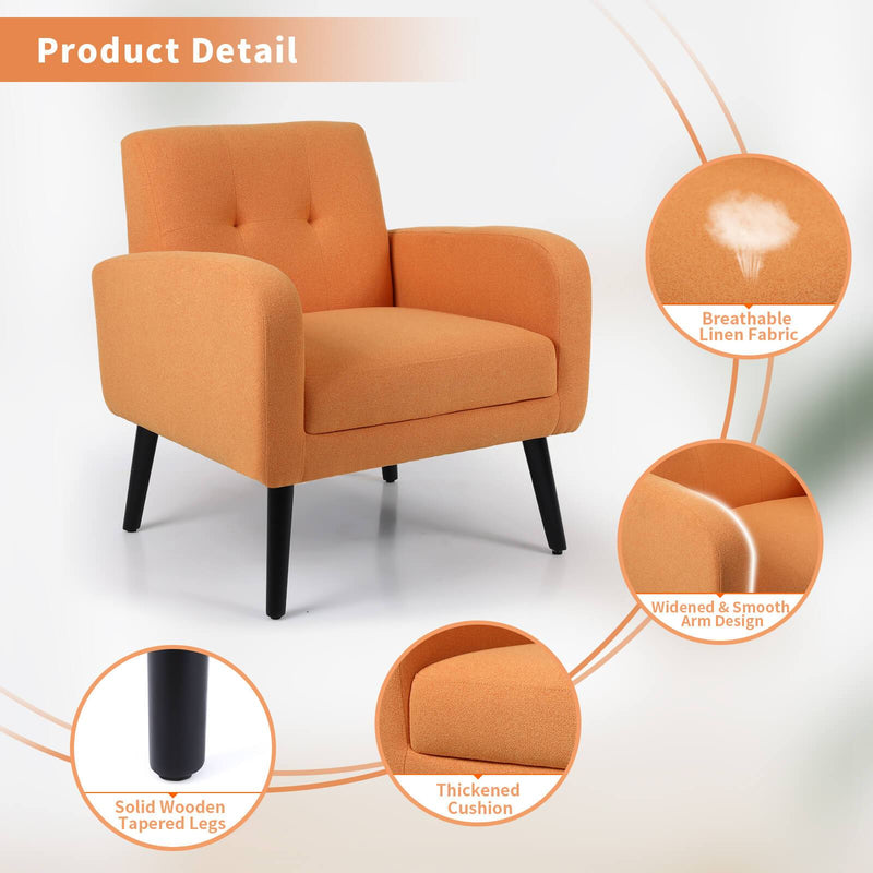 Tufted Upholstered Modern Linen Fabric Accent Chair Comfy Reading Orange