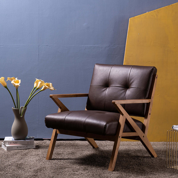 Mid-Century Modern Accent Armchair Solid Hardwood Upholstered Linen Lounge Chair, Suede Brown