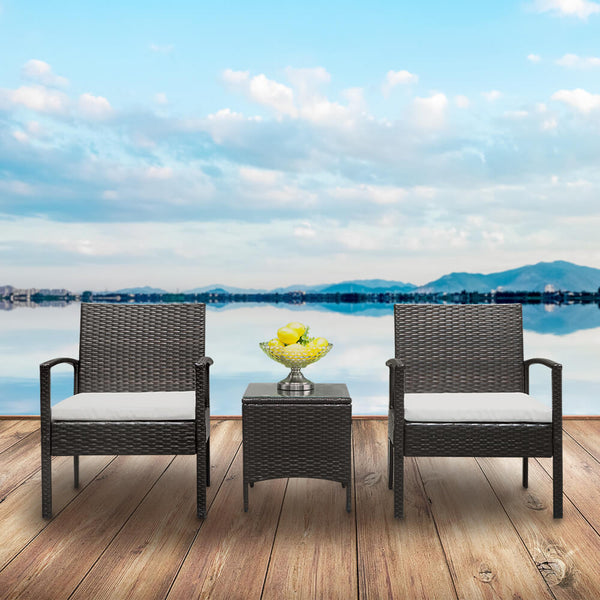 3-Piece Wicker Patio Dining Furniture Set, Rattan Sofa Conversation Set, Arm Chairs Coffee Table with Cushions & Tempered Glass Tabletop