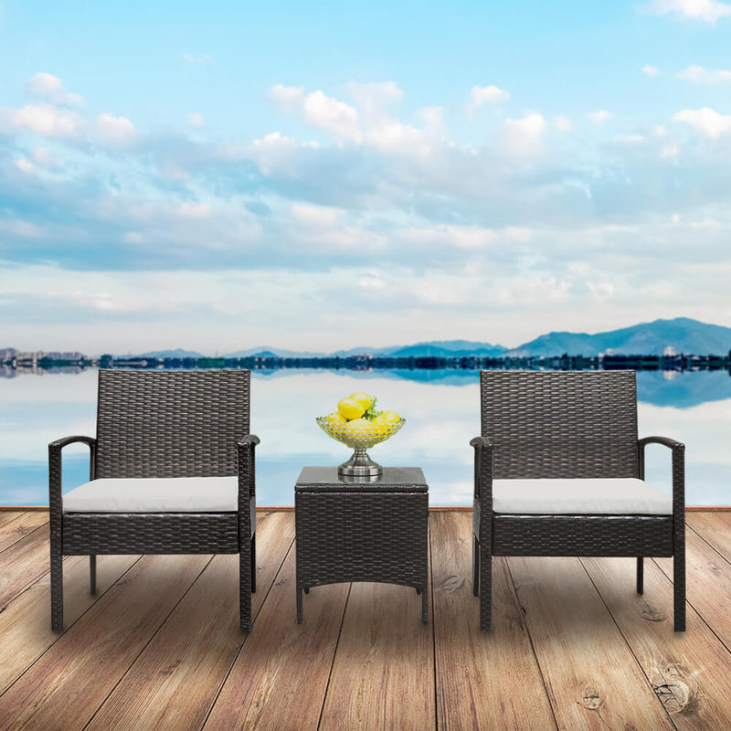 3-Piece Wicker Patio Dining Furniture Set, Rattan Sofa Conversation Set, Arm Chairs Coffee Table with Cushions & Tempered Glass Tabletop