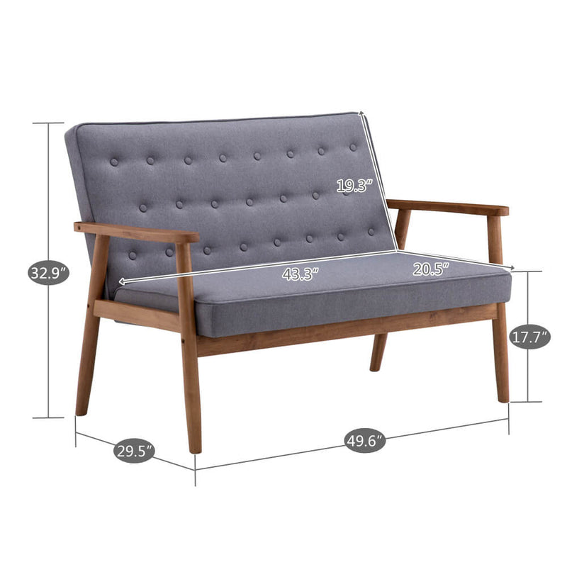 Retro Mid-Century Modern Wood 2-Seater Loveseat Chair Leisure Light Gray Fabric