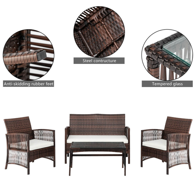 4-Piece Wicker Patio Chairs Furniture Set, PE Rattan Sectional Sofa Conversation Set with Cushions & Tempered Glass Tabletop