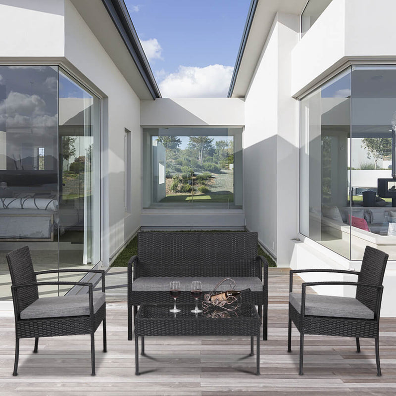 4 Pieces Outdoor Patio Rattan Wicker Furniture Set with Table Sofa Cushioned Black