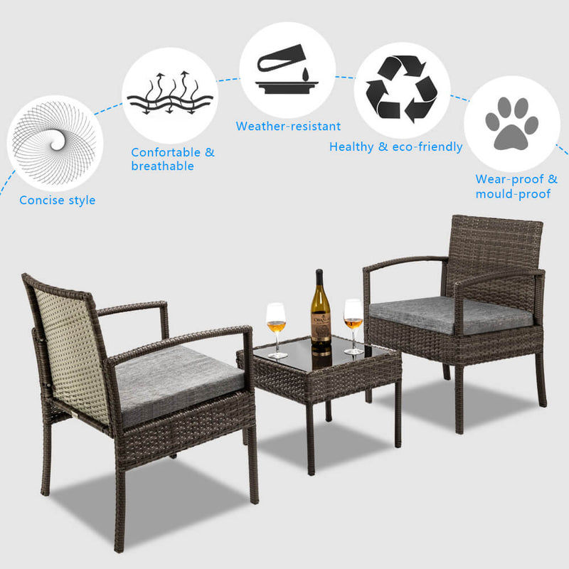 3 Pieces Patio Furniture Set Wicker Rattan Outdoor Patio Conversation Set
