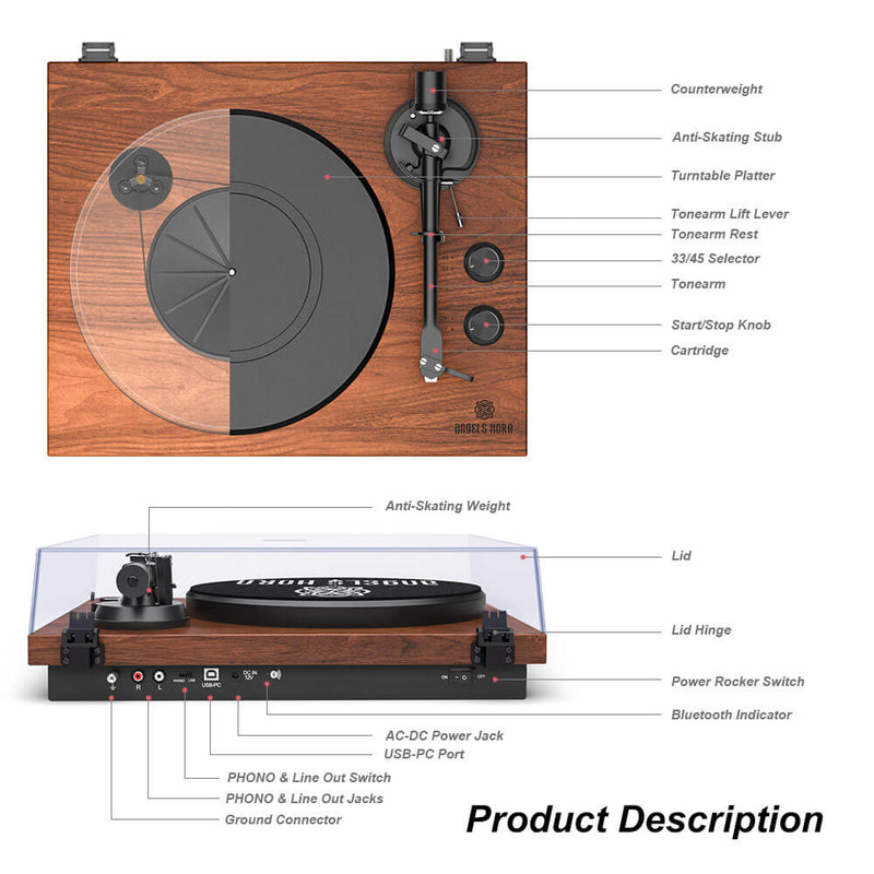 Record Player Stereo Built-in 2-Speed Phono Preamp and Belt Drive Brown