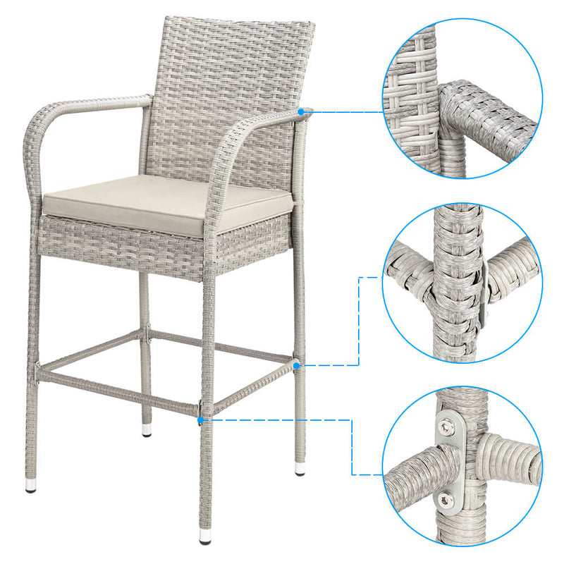 2-Piece Outdoor PE Rattan Wicker Chairs, High Bar Stool Chair, Patio Furniture Set with Cushions Armrest and Footrest, Gray