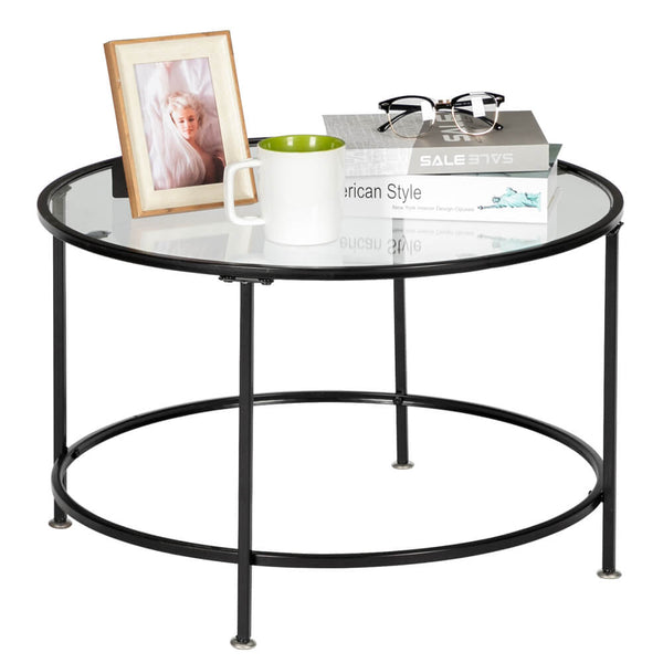 Round Wrought Iron Coffee Table 2 Layers Tempered Glass Countertops Black 27 Inches