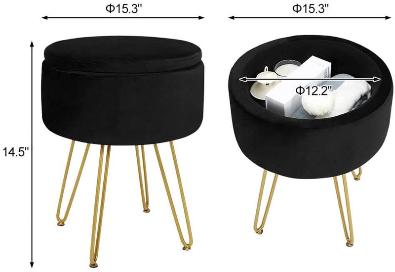 Velvet Footrest Storage Ottoman Round Modern Upholstered Vanity Footstool Side Table Seat Dressing Chair with Golden Metal Leg, Black