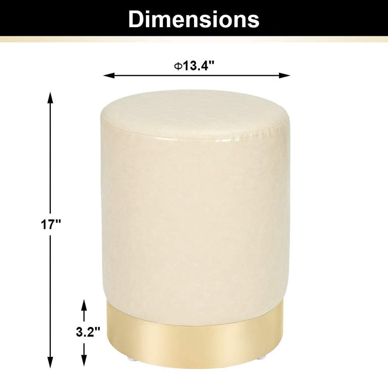 PU Leather Ottoman Round Foot Stool Footrest, Soft Compact Padded Stool, Living Room Bedroom Decorative Furniture, Cream