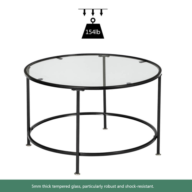 Round Wrought Iron Coffee Table 2 Layers Tempered Glass Countertops Black 36 Inches