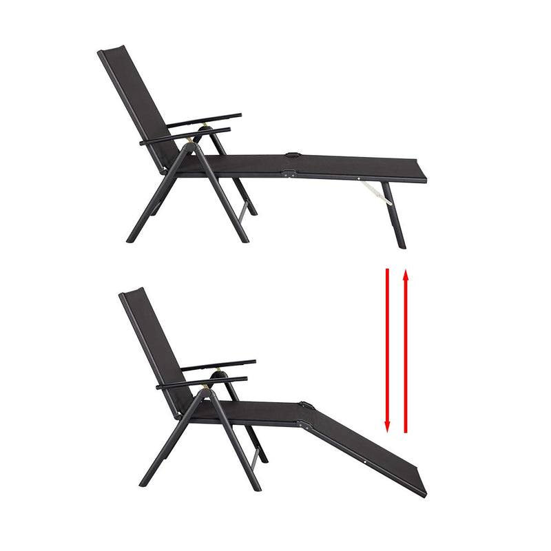 Outdoor Folding Textiline Reclining Chaise Lounge Chair Adjustable Positions (Black)