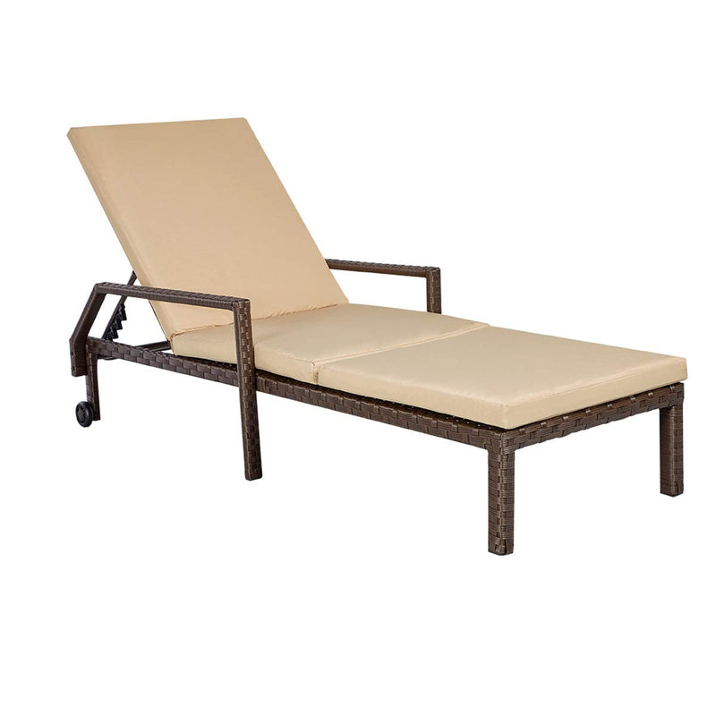 Adjustable Outdoor Chaise Lounge Chair Rattan Wicker Patio Lounge Chair with Cushion and Wheels,Brown