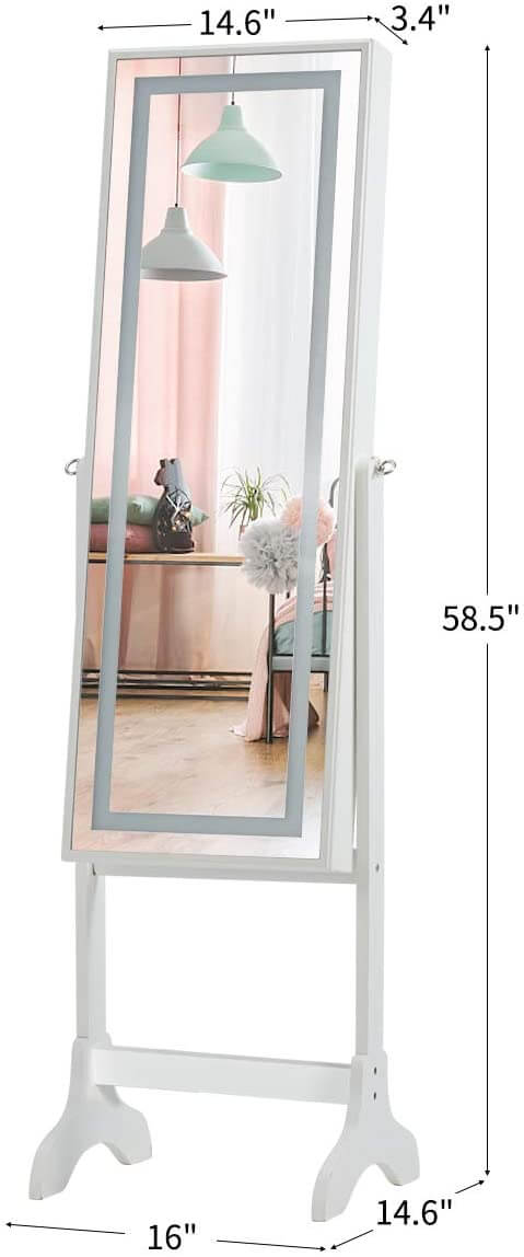 Floor Standing Jewelry Armoire, Angle Adjustable Jewelry Organizer, Dressing Mirror Jewelry Cabinet with Full Length Mirror, White