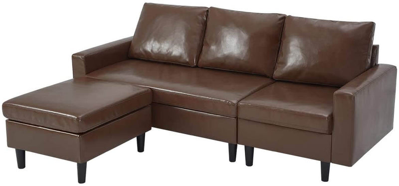 Convertible Sectional Sofa Couch, 3-seat Sofa Couch with Ottoman, L-Shaped Sofa with Modern PU Leather Fabric, for Living Room or Apartment (Brown)