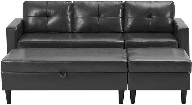 Small Faux Leather Sectional Sofa with Storage Ottoman and Chaise Lounge, 3-Seat Living Room Furniture Sets for Small Apartment, Dark Gray