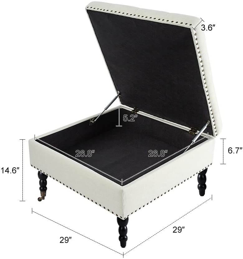 29" Square Tufted Button Storage Ottoman Table Bench with Rolling Wheels Nailhead Trim Linen Fabric Foot Rest Stool/Seat for Bedroom, living Room and Hallway (Beige)