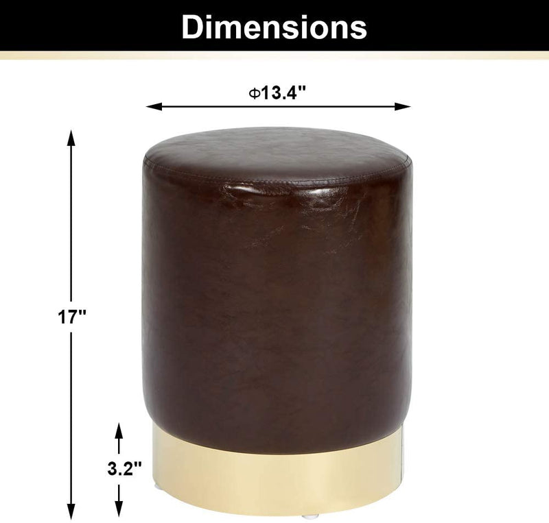 Round PU Leather Ottoman Foot Stool Footrest, Soft Compact Padded Stool, Living Room Bedroom Decorative Furniture, Brown