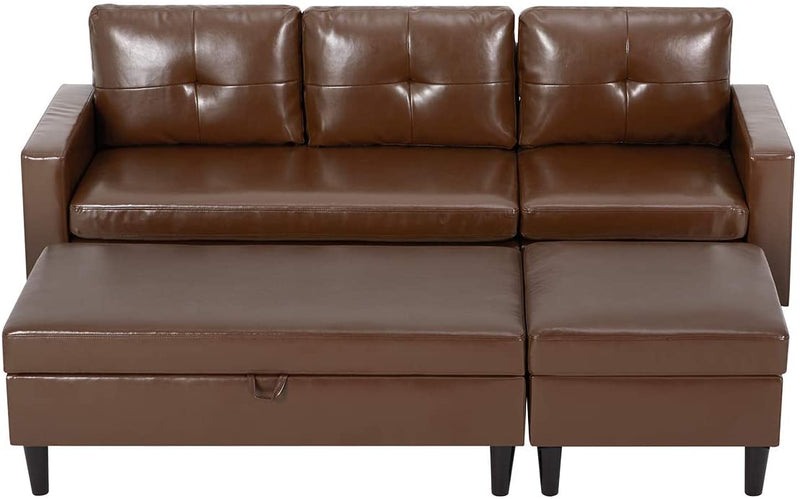 Small Faux Leather Sectional Sofa with Storage Ottoman and Chaise Lounge, 3-Seat Living Room Furniture Sets for Small Apartment, Dark Brown