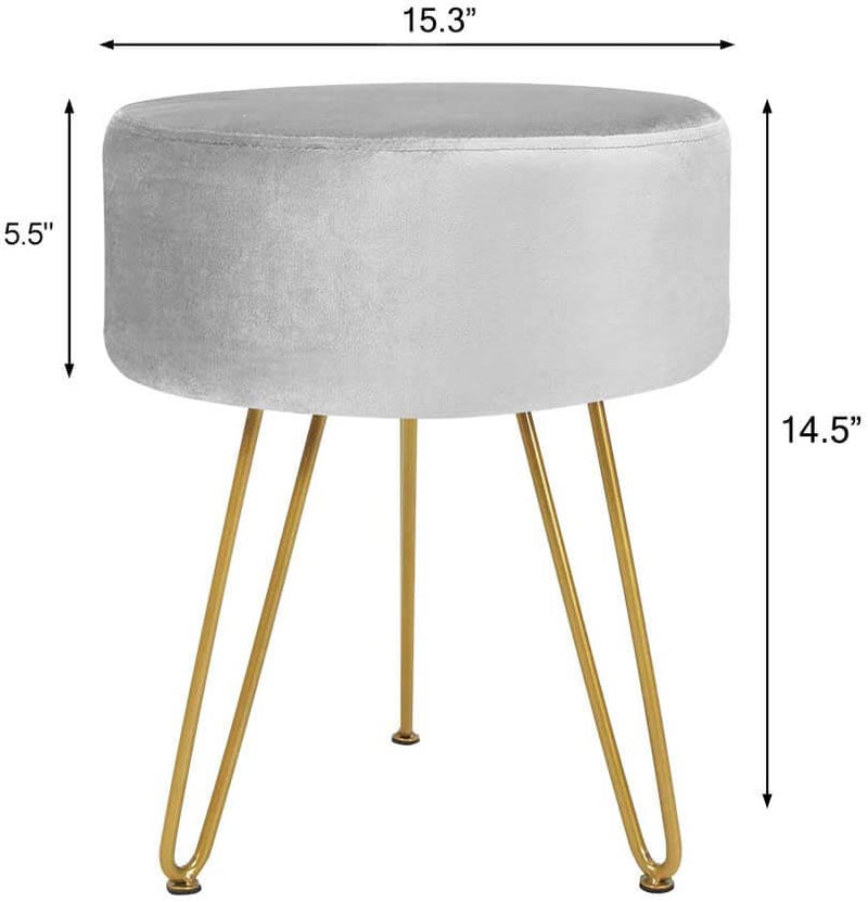 Velvet Footrest Ottoman Round Modern Upholstered Vanity Footstool Side Table Seat Dressing Chair with Golden Metal Leg, Gray