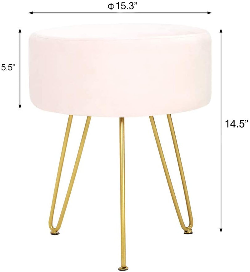 Velvet Footrest Ottoman Round Modern Upholstered Vanity Footstool Side Table Seat Dressing Chair with Golden Metal Leg, Pink