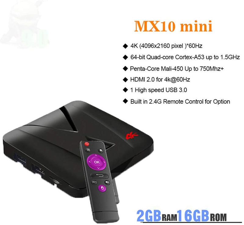 Android 9.0 Smart TV, HD 4K 60HZ MX10 Mini WiFi BT BoxQuad 2G+16G TV Box Networks TV Player Support for MP3,AAC,WMA,lpcm,WAV,OGG