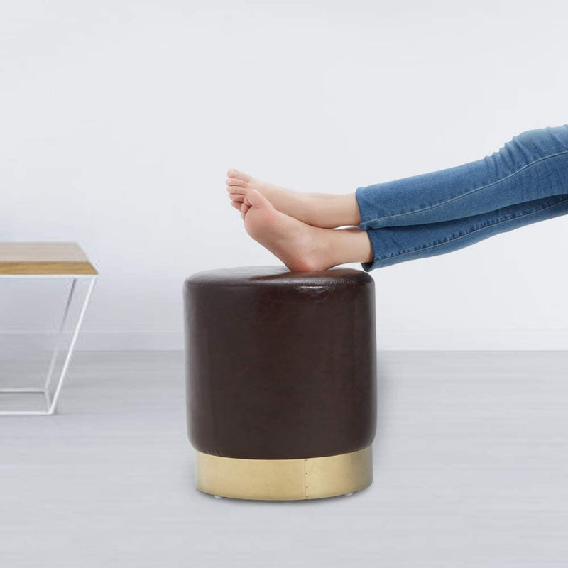 Round PU Leather Ottoman Foot Stool Footrest, Soft Compact Padded Stool, Living Room Bedroom Decorative Furniture, Brown