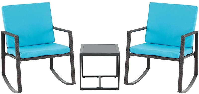 3 Pcs Patio Rocking Bistro Set Wicker Porch Chairs Outdoor Furniture Conversation Set w/ Coffee Table