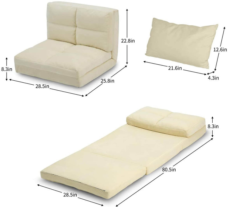Triple Fold Down Sofa Bed, Adjustable Floor Couch Sofa 5 Adjustable Positions 6 Reclining Angles Sleeper Sofa Guest Chaise Loungefor Living Room and Bedroom, Beige