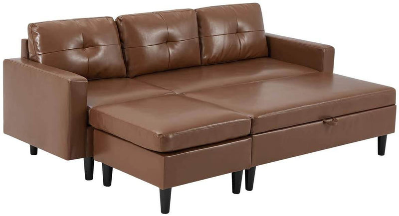 Small Faux Leather Sectional Sofa with Storage Ottoman and Chaise Lounge, 3-Seat Living Room Furniture Sets for Small Apartment, Brown