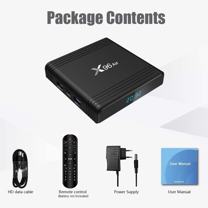 Android 9.0 X96 Air Smart TV Box, 4K Resolution 4GB RAM 64GB ROM, S905X3 Chip Quad Core 64-bit, 2.4Ghz+5Ghz WiFi HDMI2.0 USB3.0 Support TF Card