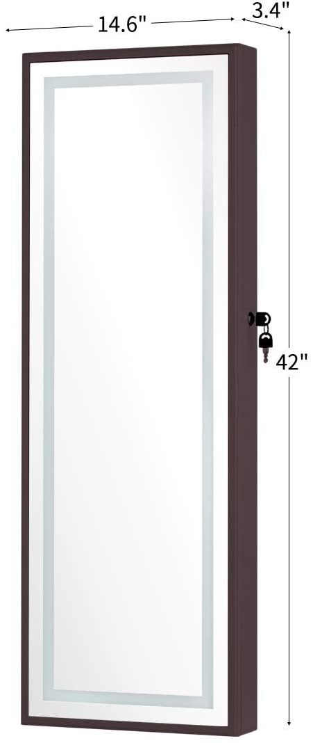 Wall Jewelry Armoire, Jewelry Cabinet with Full Length Mirror, 3 Different Brightness LED Light & Lockable Design, Brown