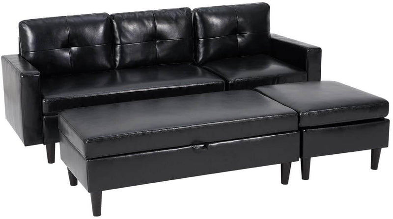 Small Black Faux Leather Sectional Sofa with Storage Ottoman and Chaise Lounge, 3-Seat Living Room Furniture Sets for Small Apartment, Black
