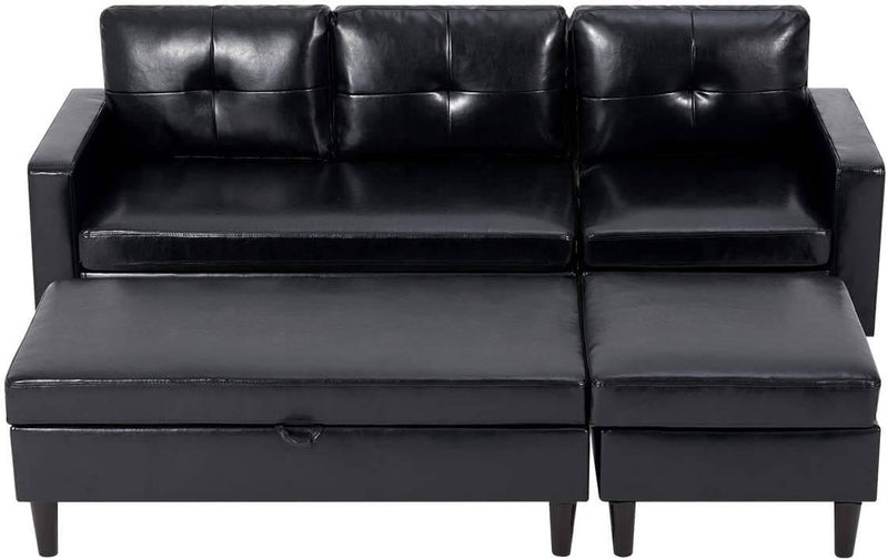 Small Black Faux Leather Sectional Sofa with Storage Ottoman and Chaise Lounge, 3-Seat Living Room Furniture Sets for Small Apartment, Black