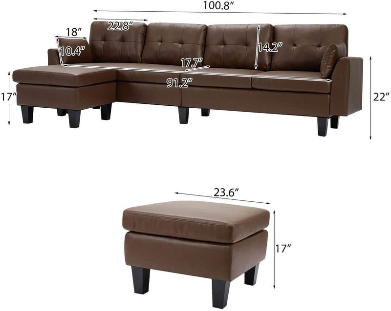 4-Seat Sectional Sofa Convertible Couch Brown Faux Leather Reversible L-Shape Couch for Living Room, Living Room Furniture Sets with Chaise Lounge for Apartment