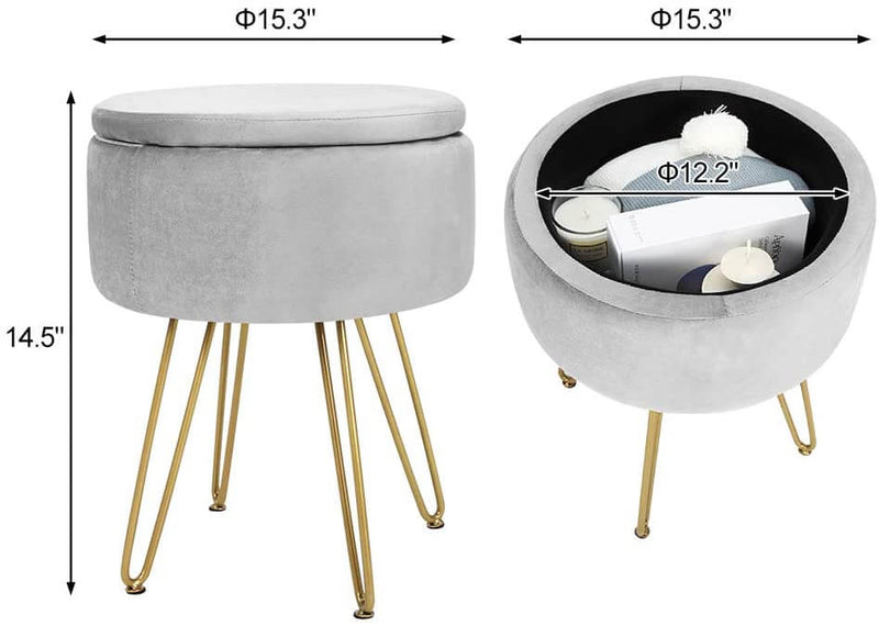 Velvet Footrest Storage Ottoman Round Modern Upholstered Vanity Footstool Side Table Seat Dressing Chair with Golden Metal Leg, Gray