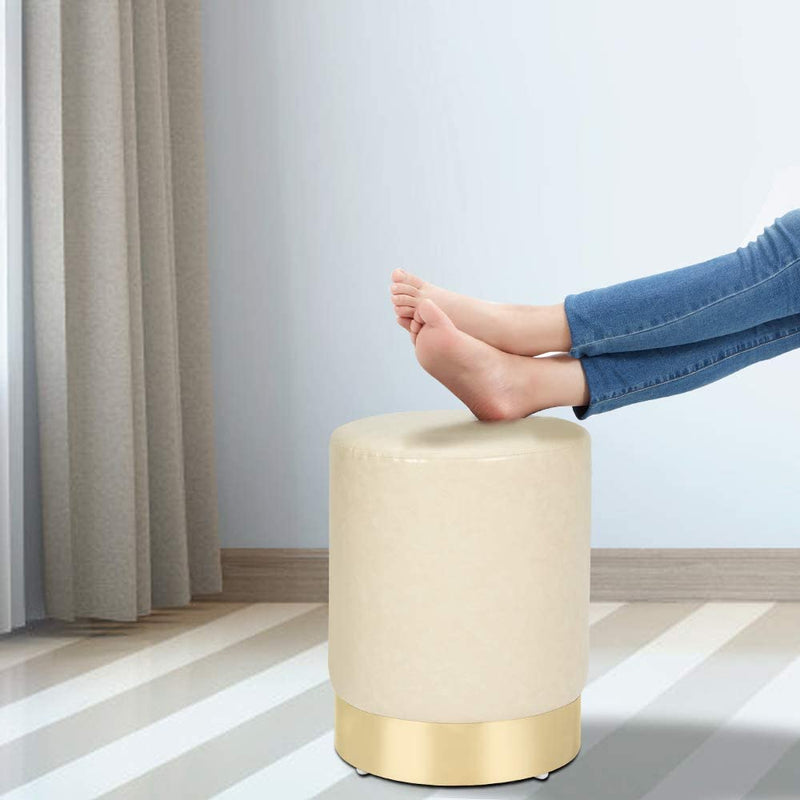 PU Leather Ottoman Round Foot Stool Footrest, Soft Compact Padded Stool, Living Room Bedroom Decorative Furniture, Cream