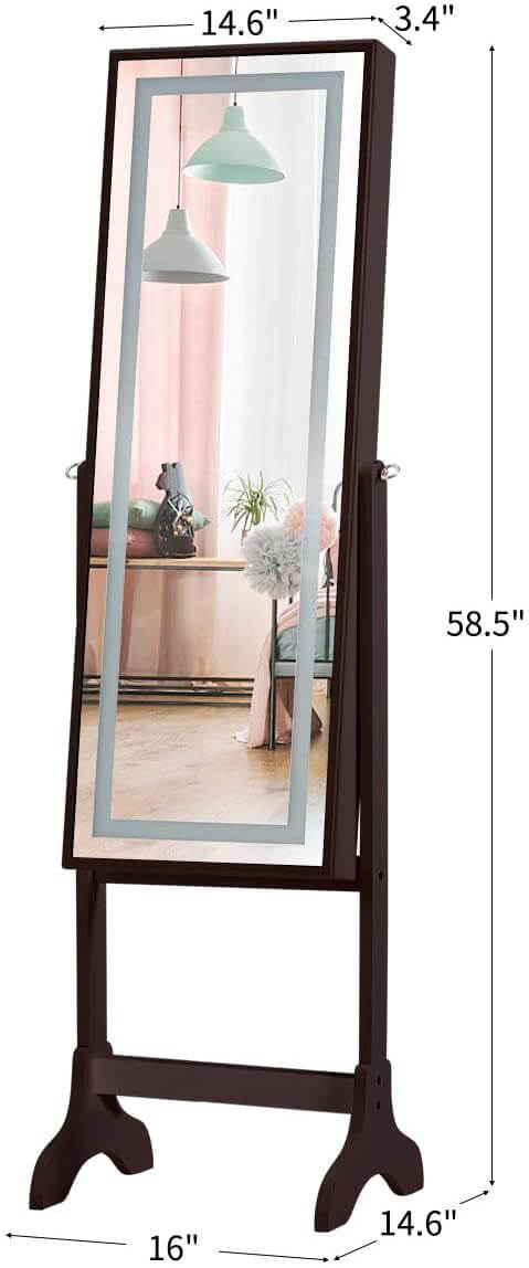 Floor Standing Jewelry Armoire, Angle Adjustable Jewelry Organizer, Dressing Mirror Jewelry Cabinet with Full Length Mirror, Brown