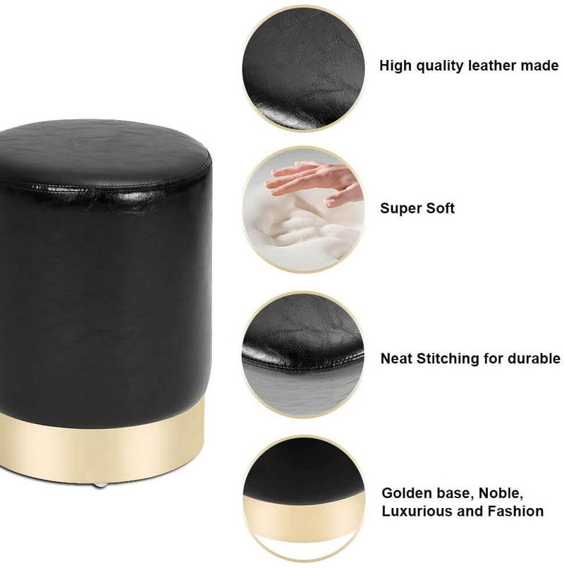 Round PU Leather Ottoman Foot Stool Footrest, Soft Compact Padded Stool Living Room Bedroom Decorative Furniture, Black