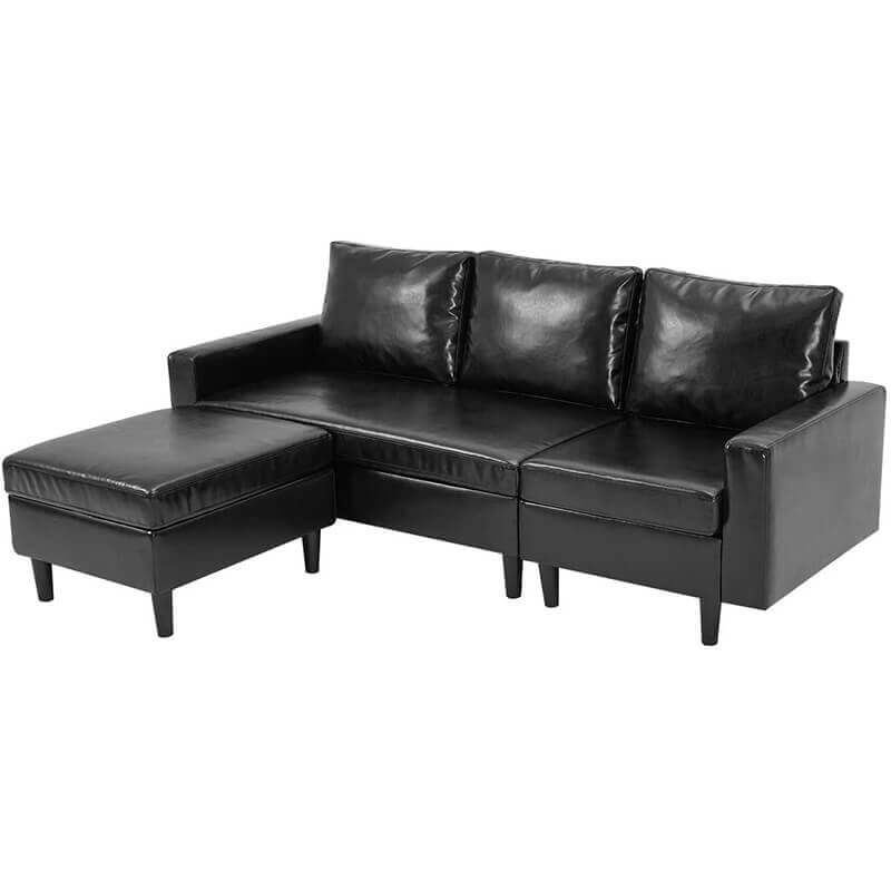 Convertible Sectional Sofa Couch, 3-seat Sofa Couch with Ottoman, L-Shaped Sofa with Modern PU Leather Fabric, for Living Room or Apartment (Black)
