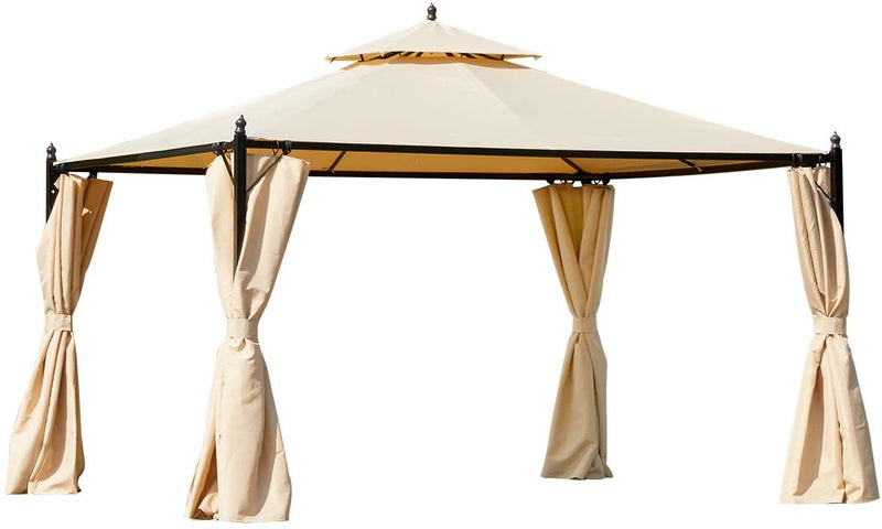 10 x 12 FT Double-Roof Softtop Gazebo Canopy, Outdoor Steel Frame Gazebo with Shade Curtains, Beige