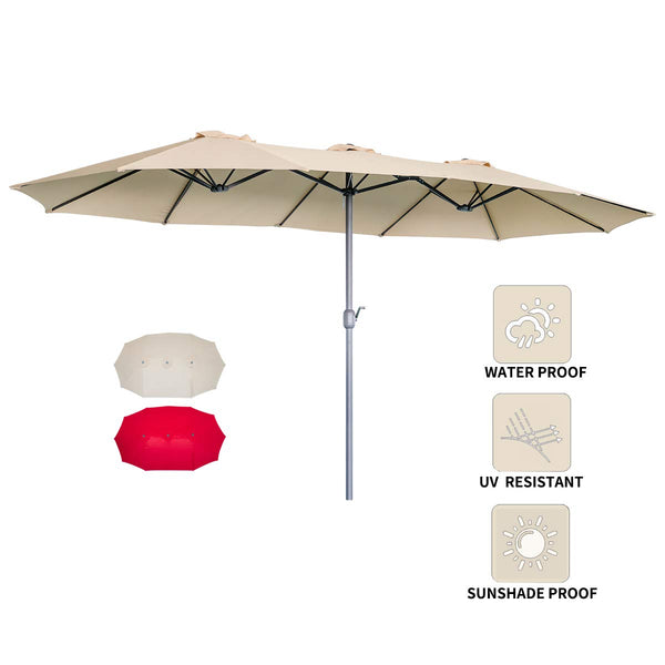 15x9ft Double-Sided Patio Umbrella, Large Market Sunbrella Table Umbrellas with Crank Air Vents (Beige)
