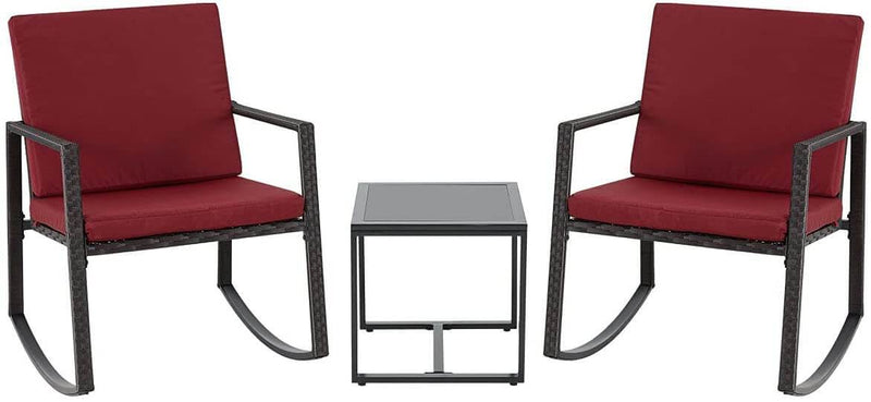 3 Pcs Patio Wicker Rocking Chair Bistro Set Outdoor Conversation Set w/ Cushion & Coffee Table, Red