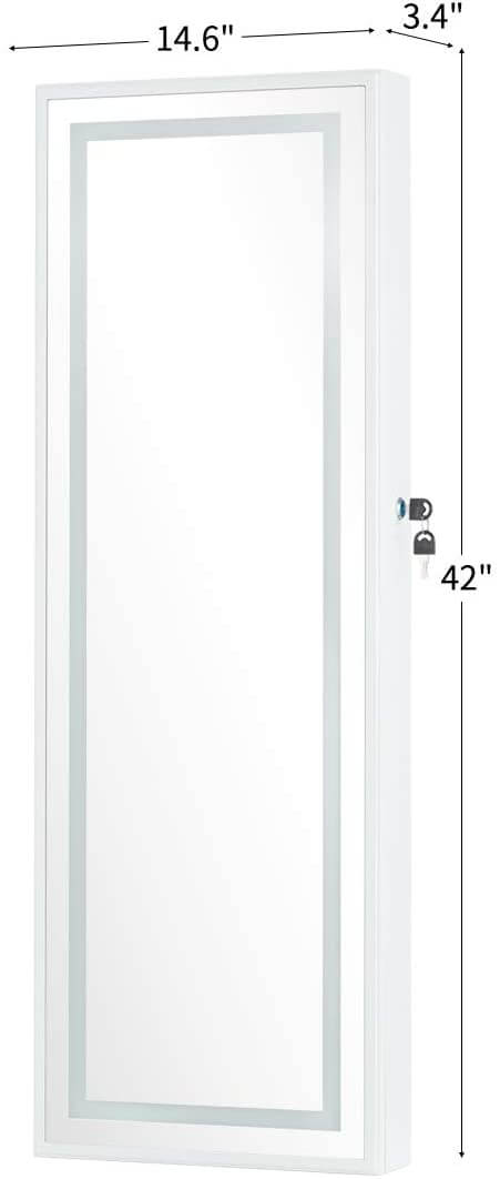 Wall Jewelry Armoire, Jewelry Cabinet with Full Length Mirror, 3 Different Brightness LED Light & Lockable Design, White
