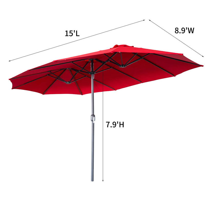 15x9ft Outdoor Patio Umbrella Double-Sided Market Sunbrella with Crank Air Vents, Red