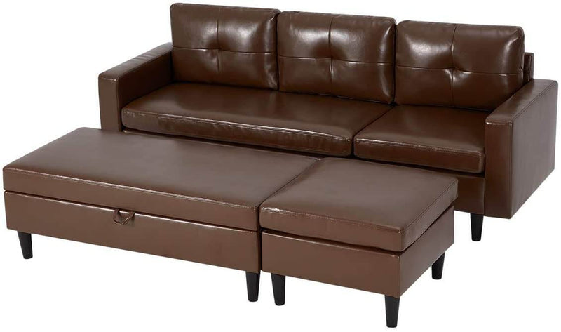 Small Faux Leather Sectional Sofa with Storage Ottoman and Chaise Lounge, 3-Seat Living Room Furniture Sets for Small Apartment, Dark Brown